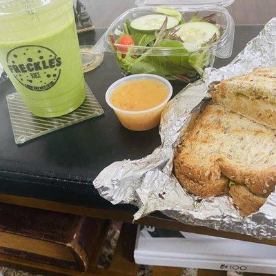 Brain food Green juice, Tuna Melt, and a side salad with yummy dressing