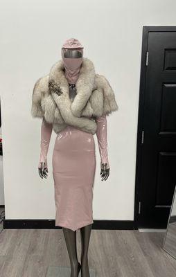 Nkondi coat and Petty in Pink ensemble: latex dress, fingerless gloves and balaclava