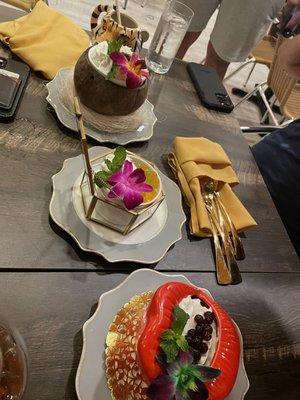 Desserts, from top to bottom, Nitido de Coco, Flan de Coco(coconut flan) and the Besos de Queso y Guayaba.