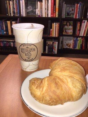 Books, Hot Chocolate, and Croissant.