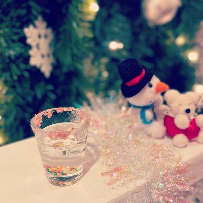 SHOT OF JOY: Vanilla Vodka, Chocolate Liqueur, Peppermint Schnapps with Candy Cane Crumble. A festive delight! Don't Eat the bear!