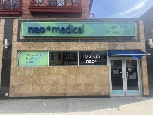 Nao Medical Astoria Urgent Care entrance, modern building, accessible healthcare.