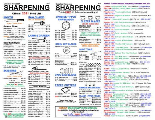 Greater Houston Sharpening official 2023 GHS Price List or see our site for the PDF download to you.