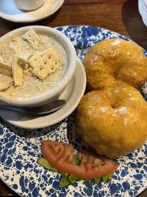 New England clam chowder and tuna melt on mini croissants