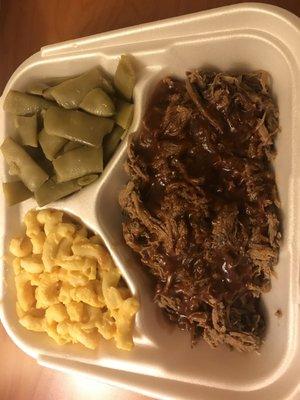 BBQ beef with Mac and cheese and green beans