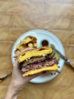 Tavern burger on house-baked sweet potato bun