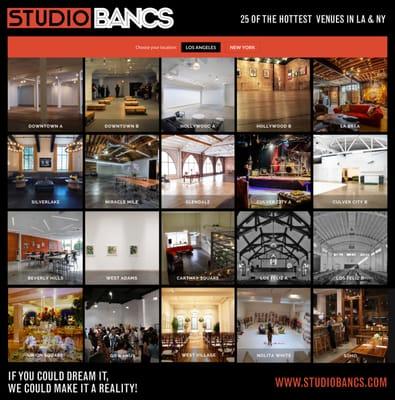 Studio Bancs is a leading venue rental service company with 25 incredible venues located throughout Los Angeles and New York City, ranging f