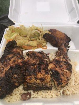 Jerk chicken, rice & peas, plantains, & cabbage