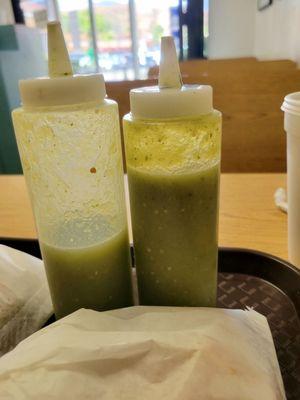 Salsa Verde like no other! On the right is their special, even spicier version.