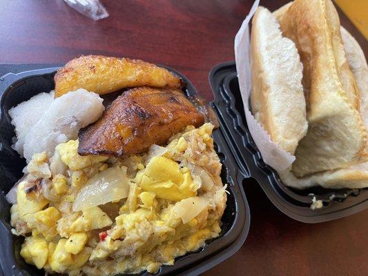 Ackee & Codfish w/ the full Jamaican sides and a Chicken Patty in the Coco Bread