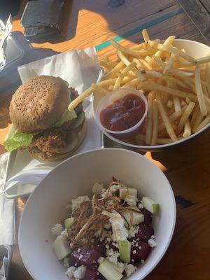 Chicken sandwich, bowl of fries, half order of the apple/ beet salad...