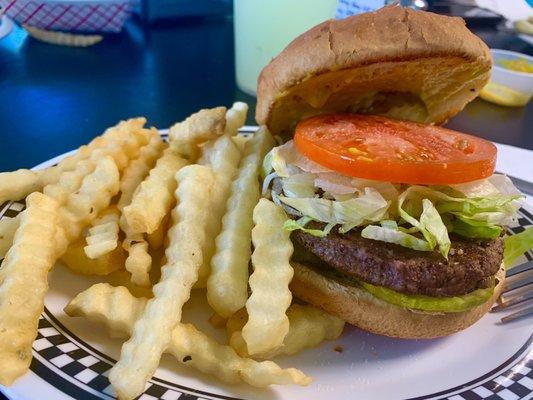 Hamburger special with fries and a drink.