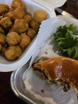 Back porch cheeseburger and fried okra