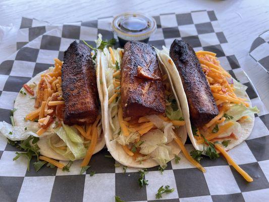 Blackened mahi-mahi tacos.  Over cooked and too salty.