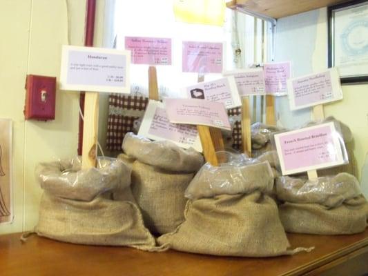 bags of fresh coffee, roasted on the premises