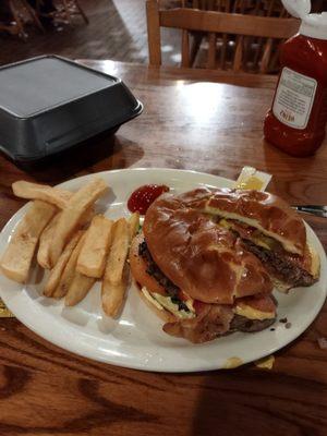 Bacon cheese burger and fries. Cold