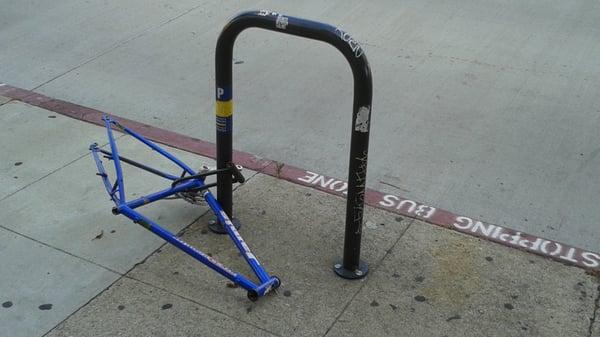 Bike crime is epidemic in Los Angeles, don't let this happen to you.  Don't lock bikes up unattended.