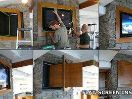 The team installs a "hide-away" panel TV above a fireplace.