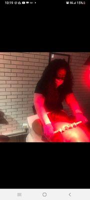 Wood therapy and inferred red light therapy for lymphatic drainage and collengen rebuilding and toning.