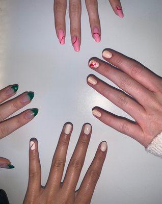 Green nails are acrylic plus dip, the others are gel