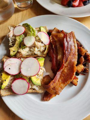 crab and avocado toast with hash Browns and bacon. FANTASTIC!