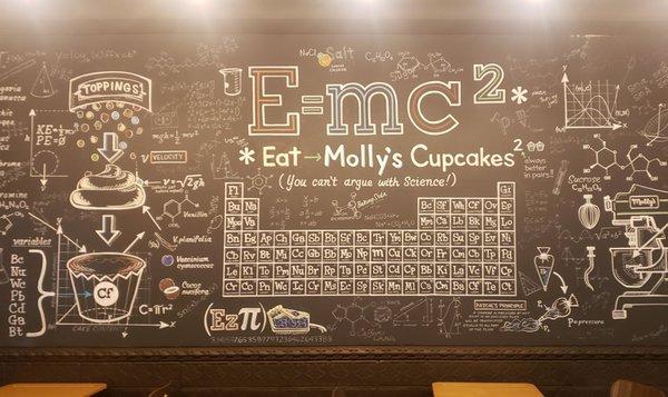 I love this sciencey wall drawing! It's a periodic table of..... cupcake elements? Big fan of the physics equations too