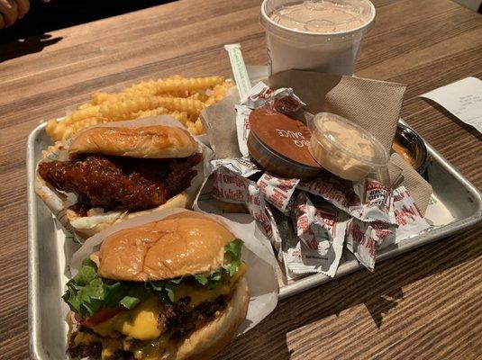 Korean fried chicken burger (ehh). Double cheeseburger