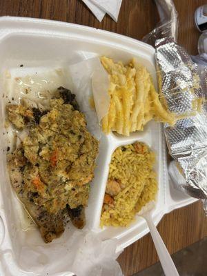 Baked Stuffed Fish, Side Mac & Cheese, side rice & seafood