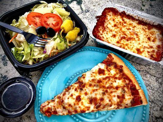 #5 Express Lunch. Aka the belt breaker. Side salad, meat lasagna, pizza slice, and drink (not pictured).