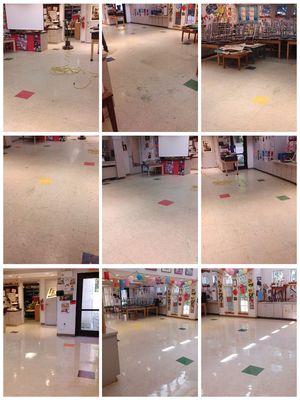 Before and after photos of recent strip out and waxing of school art room.