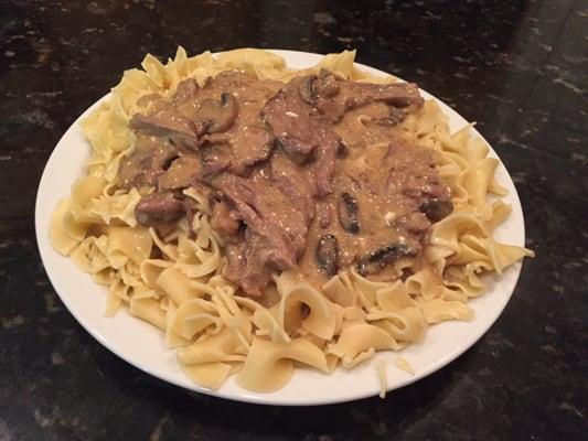 Beef Stroganoff made with Lawson's English chuck beef roast. Tender, flavorful.