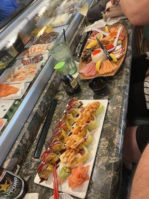 Hoosier Roll, Dynamite Roll and Large Sashimi platter