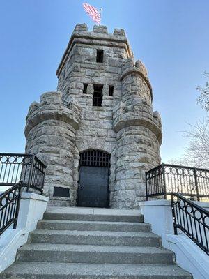 The Grand Union Flag - The First National Flag of the US flies over The Prospect Hill  Monument in Somerville MA. A Free Event/Free Parking