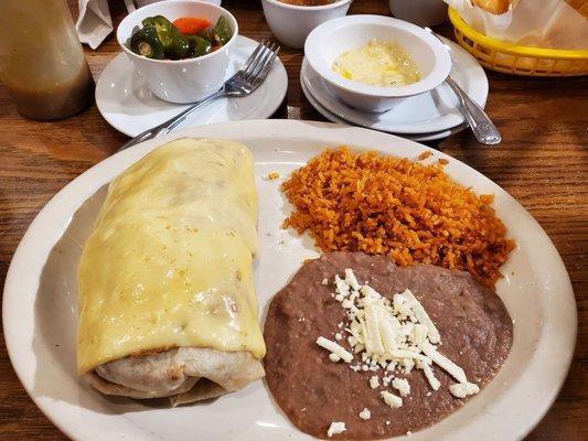 Shrimp Burrito Suiza with rice & beans. Side of spicy veggies, really good!