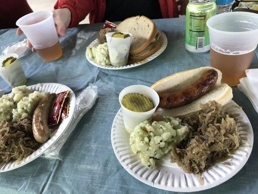 Braunwurst, potato salat, sauerkraut, lager, pickles