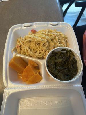 Chicken spaghetti  Greens  Yams