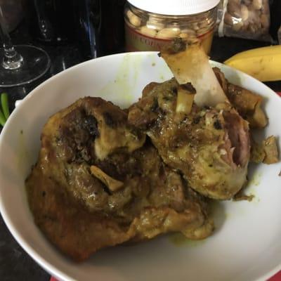 The pork shank was slow braised (4 hours) in unsweetenecd coconut milk, along with tumeric, cumin, corriander, lemongrass, and red pepper.