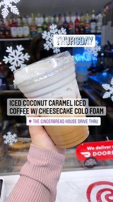 Iced coconut caramel iced coffee with cheesecake cold foam