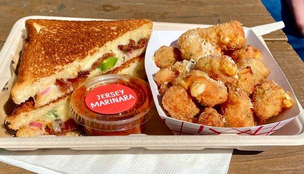 Bacon jalapeño grilled cheese and cheese curds with marinara