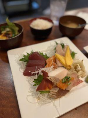 Sashimi Combo with side salad, rice, and miso soup