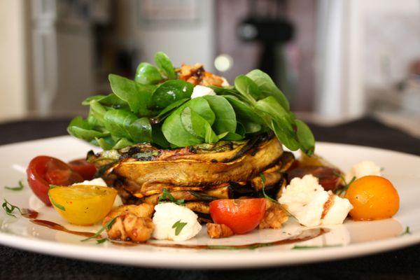 grilled vegetable salad, baby heirloom tomatoes, mache, candied walnuts, balsamic