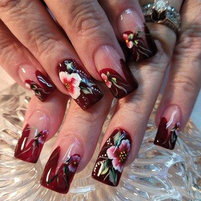 French manicures with flowers.