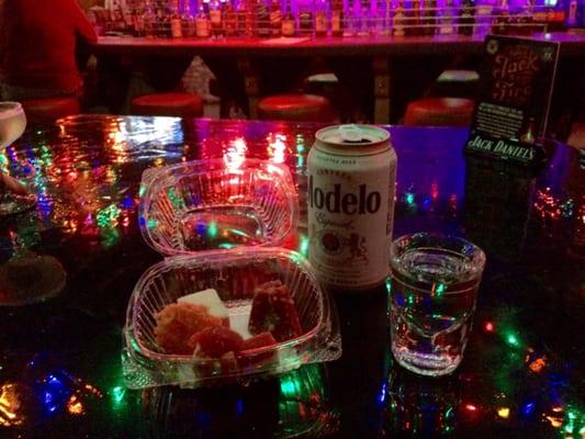 Viva Mexico especial: Modelo, tequila and mexican candy. Also called the Jess B. especial.