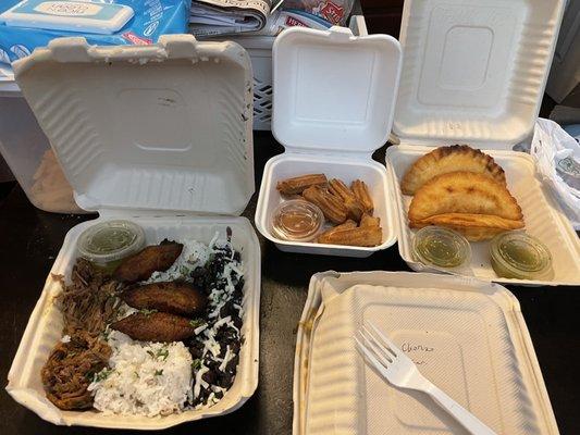 Beef platter, churros, empanadas