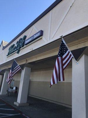 Flags were hung up all on the outside of the church in honor of our military!