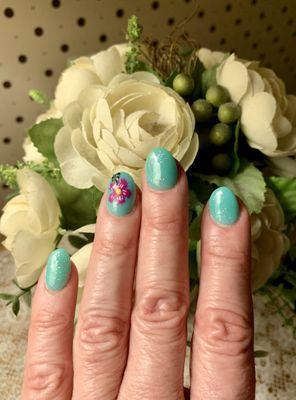 Dip nail manicure w/ring finger nail art--hibiscus design l found online