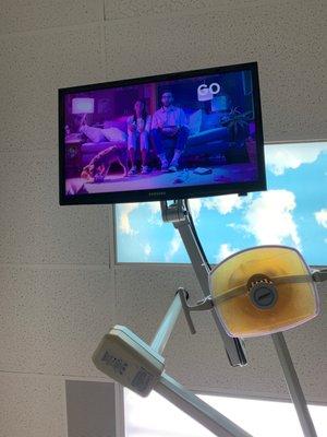 TV on the ceiling of the patient room