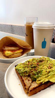 Avocado Toast, Bay Breakfast Sandwich, Iced Latte, Cold Brew