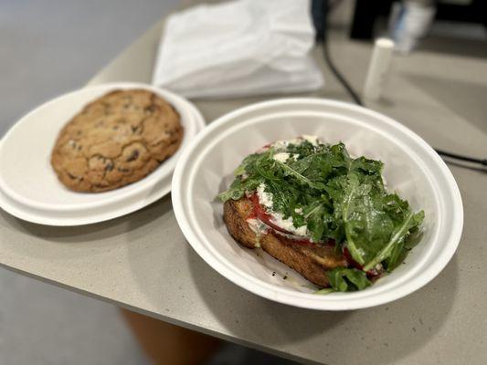 Sea salt chocolate chip cookie + heirloom tomato burrata toast