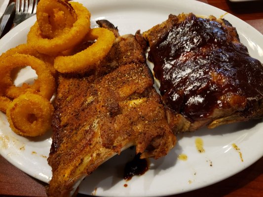 Half rack of original barbeque, half rack of Texas dry rub baby back ribs and a side of onion rings.